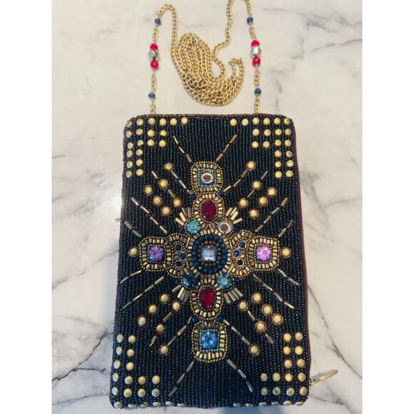 Mary Frances Brown Gold Beaded Cross Phone Bag Handbag Purse Crossbody Clutch - Picture 9 of 10